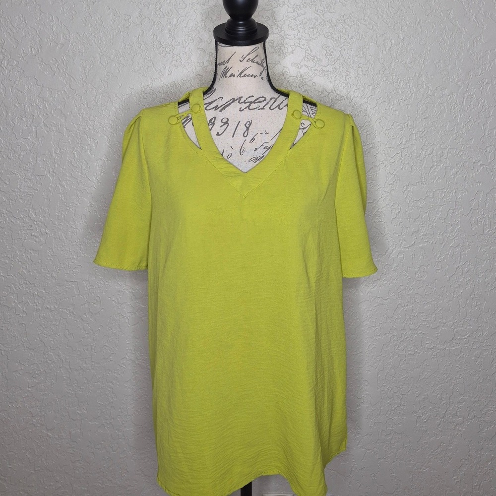 NY Collection Chartreuse Green V-Neck Cut Out Blouse XL